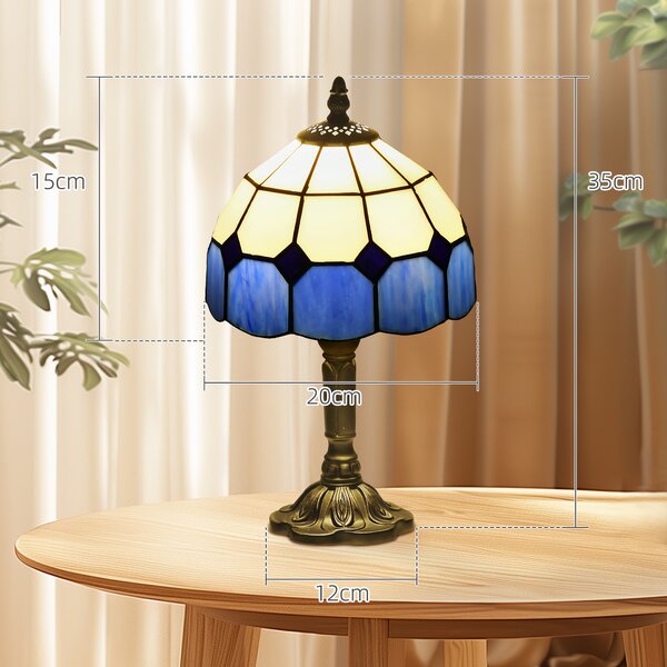 HOMCOM Handmade Stained Glass Bedroom Table Lamp, Antique Bedside Light for Bedroom, Living Room, Home, Decorative Night Light, Blue Aosom UK
