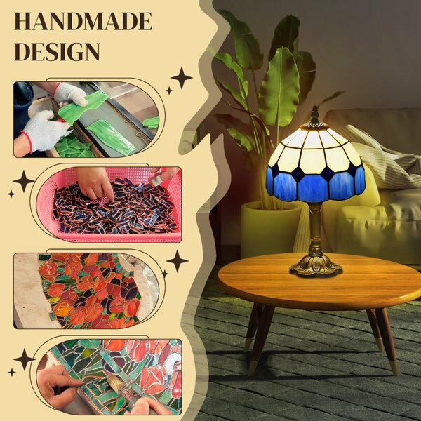 HOMCOM Handmade Stained Glass Bedroom Table Lamp, Antique Bedside Light for Bedroom, Living Room, Home, Decorative Night Light, Blue Aosom UK