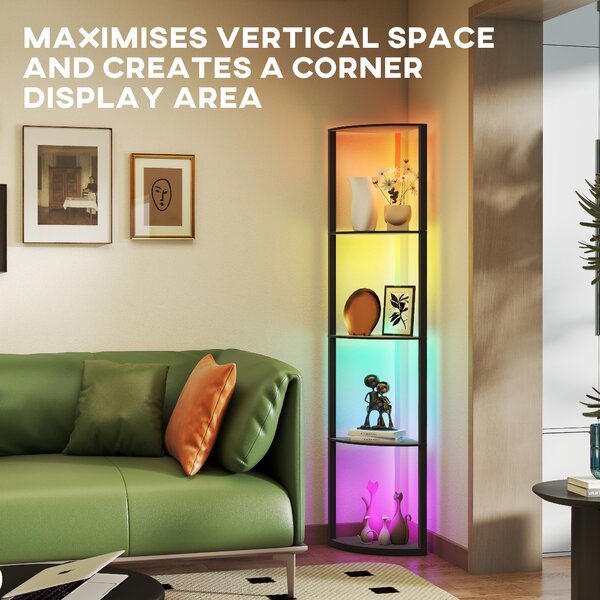 HOMCOM RGB LED Floor Lamp with Shelves, 4-Tier Dimmable Standing Lamp with Remote Control for Living Room Bedroom Office, Black