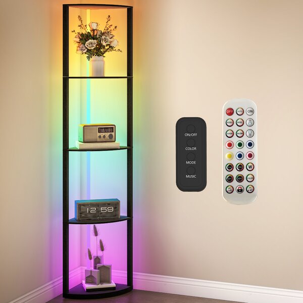 HOMCOM RGB LED Floor Lamp with Shelves, 4-Tier Dimmable Standing Lamp with Remote Control for Living Room Bedroom Office, Black