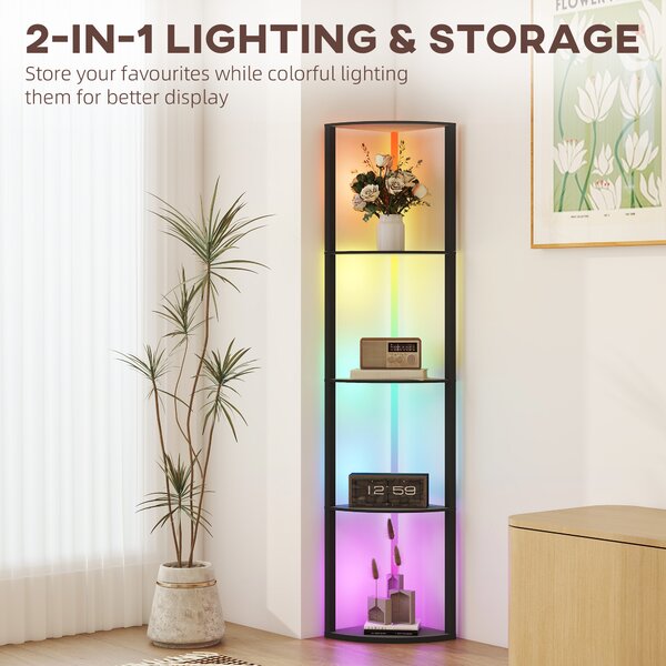 HOMCOM RGB LED Floor Lamp with Shelves, 4-Tier Dimmable Standing Lamp with Remote Control for Living Room Bedroom Office, Black