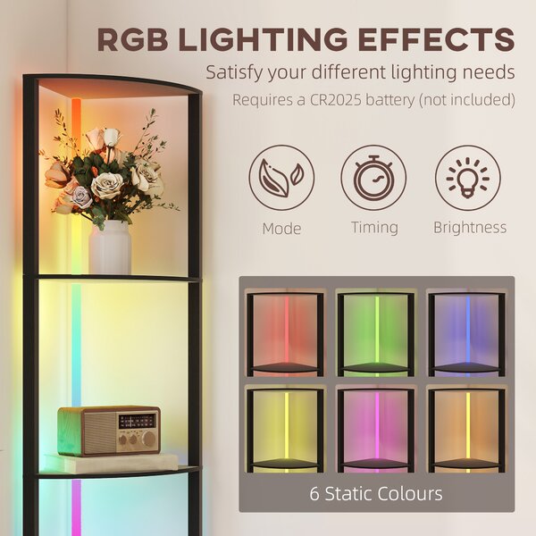 HOMCOM RGB LED Floor Lamp with Shelves, 4-Tier Dimmable Standing Lamp with Remote Control for Living Room Bedroom Office, Black