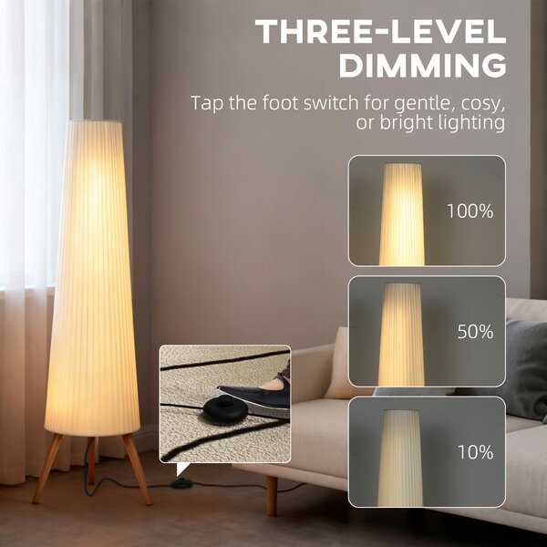 HOMCOM Dimmable Tripod Floor Lamp with Foot Switch, Nordic Standing Lamp with Wood Legs and Fabric Shade for Living Room, Bedroom, Office, 153cm, White