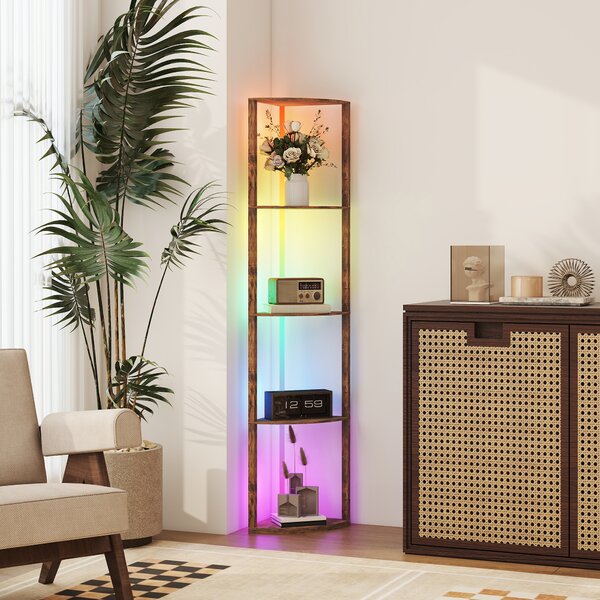 HOMCOM RGB Standing Lamp with Shelves, LED Floor Lamp with Multiple Lighting Modes, LED Floor Lamp with Remote Control, Rustic Brown Aosom UK