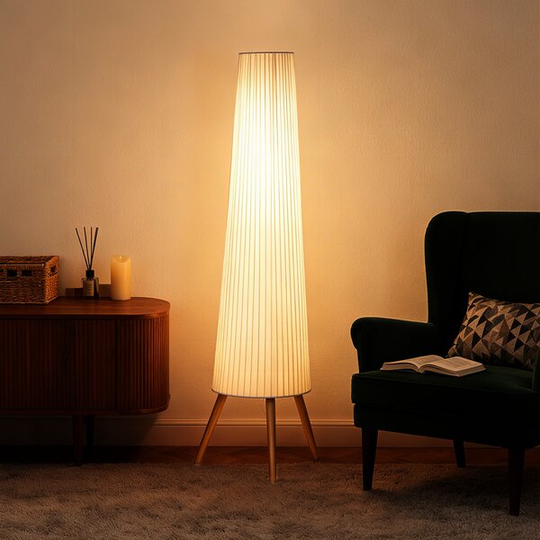 HOMCOM Dimmable Tripod Floor Lamp with Foot Switch, Nordic Standing Lamp with Wood Legs and Fabric Shade for Living Room, Bedroom, Office, 153cm, White