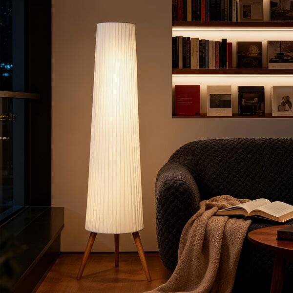HOMCOM Dimmable Tripod Floor Lamp with Foot Switch, Nordic Standing Lamp with Wood Legs and Fabric Shade for Living Room, Bedroom, Office, 153cm, White