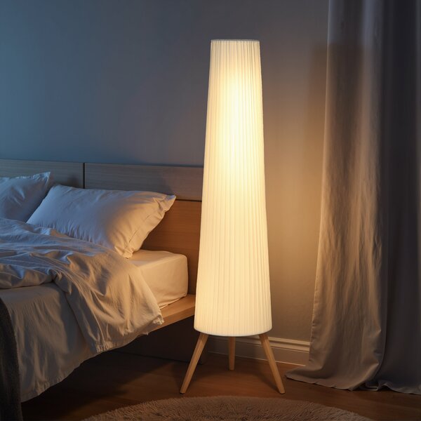 HOMCOM Dimmable Tripod Floor Lamp with Foot Switch, Nordic Standing Lamp with Wood Legs and Fabric Shade for Living Room, Bedroom, Office, 153cm, White