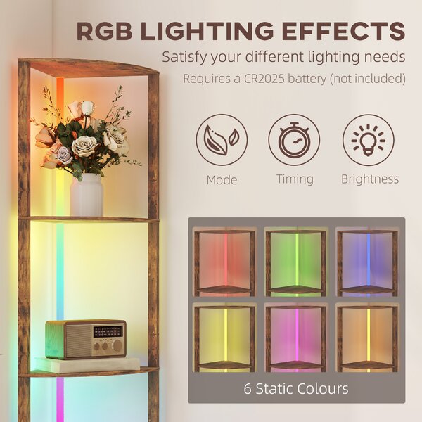 HOMCOM RGB Standing Lamp with Shelves, LED Floor Lamp with Multiple Lighting Modes, LED Floor Lamp with Remote Control, Rustic Brown Aosom UK
