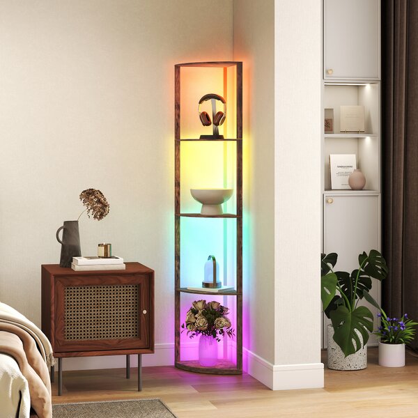 HOMCOM RGB Standing Lamp with Shelves, LED Floor Lamp with Multiple Lighting Modes, LED Floor Lamp with Remote Control, Rustic Brown Aosom UK
