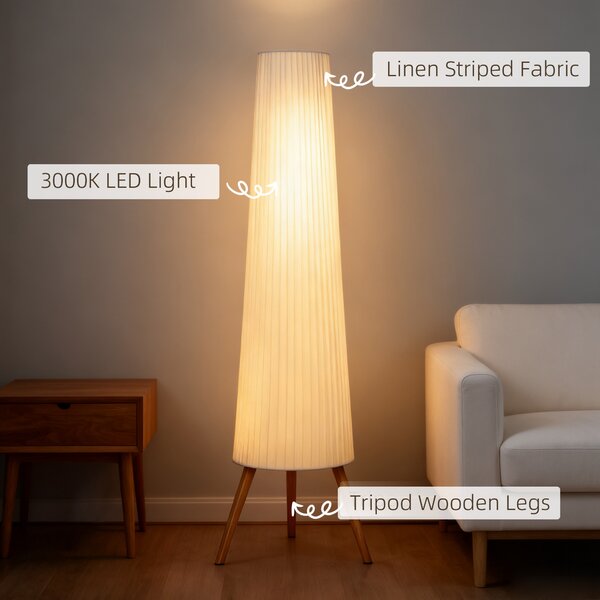 HOMCOM Dimmable Tripod Floor Lamp with Foot Switch, Nordic Standing Lamp with Wood Legs and Fabric Shade for Living Room, Bedroom, Office, 153cm, White