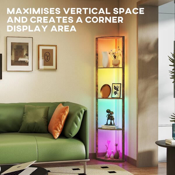 HOMCOM RGB Standing Lamp with Shelves, LED Floor Lamp with Multiple Lighting Modes, LED Floor Lamp with Remote Control, Rustic Brown Aosom UK