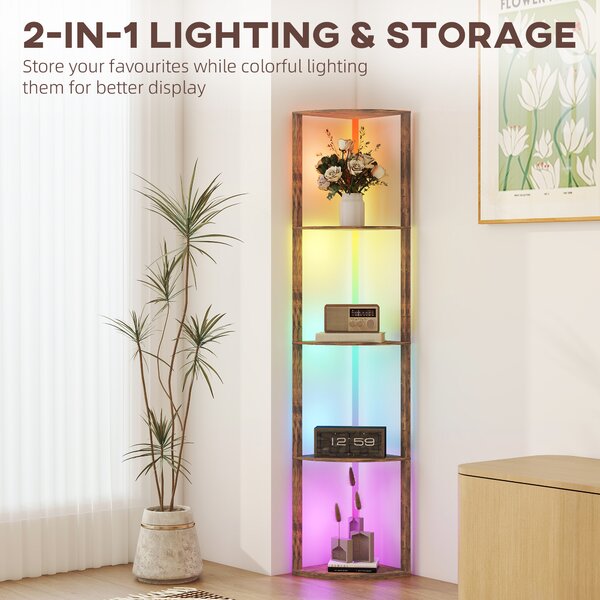HOMCOM RGB Standing Lamp with Shelves, LED Floor Lamp with Multiple Lighting Modes, LED Floor Lamp with Remote Control, Rustic Brown Aosom UK