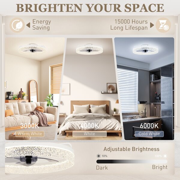 HOMCOM Ceiling Fan with Lights, Dimmable LED Mount Ceiling Fan Light with Remote App Control for Bedroom, White