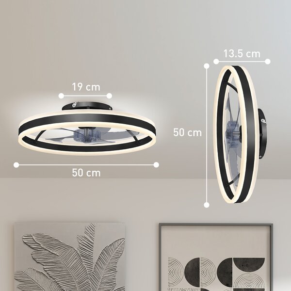 HOMCOM Ceiling Fan with Light and Remote, LED Mount Ceiling Fan with 3 Colour Temperatures, 6 Speed, 50 cm, Black