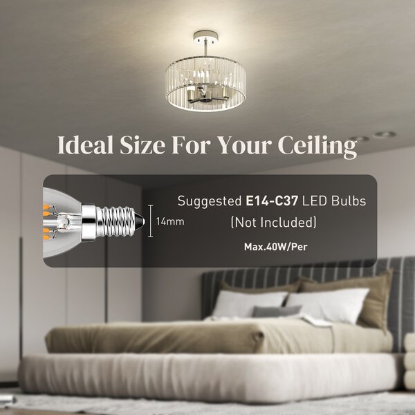 HOMCOM Crystal Ceiling Light Fixture Set of 2, Semi Flush Mount Modern Chandelier for Living Room, Bedroom and Hallway, 3-Lights with E14 Base, Silver Tone