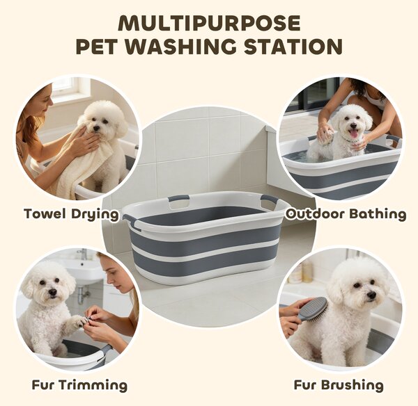 PawHut Dog Bath Tub, Portable Foldable Dog Bathtub with Drainage Hole, for Small Dogs Puppies Grey