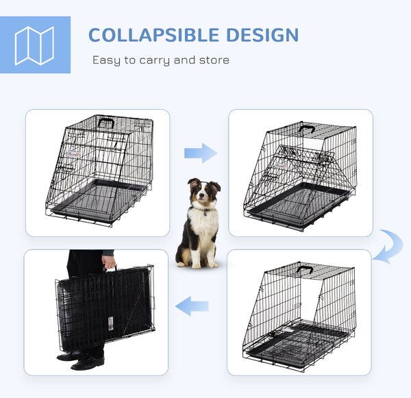 PawHut Metal Collapsible Car Dog Cage Crate Transport Folding Box Carrier Handle Removable Tray 77 x 47 x 55cm Aosom UK