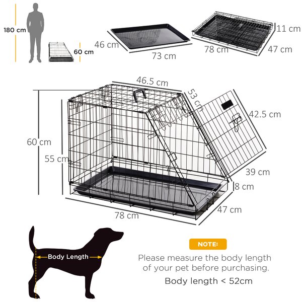PawHut Metal Collapsible Car Dog Cage Crate Transport Folding Box Carrier Handle Removable Tray 77 x 47 x 55cm Aosom UK