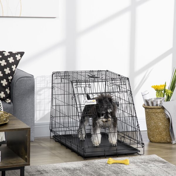 PawHut Metal Collapsible Car Dog Cage Crate Transport Folding Box Carrier Handle Removable Tray 77 x 47 x 55cm Aosom UK