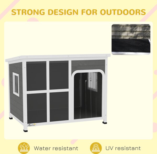 PawHut Wooden Dog House Outdoor with Asphalt Openable Top, Removable Floor, Clear Front Panel, Curtain, 103 x 77 x 83cm