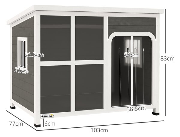 PawHut Wooden Dog House Outdoor with Asphalt Openable Top, Removable Floor, Clear Front Panel, Curtain, 103 x 77 x 83cm