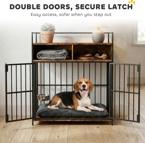 PawHut Dog Crate Furniture, Dog Cage with Rotatable Feeding Station and Storage Shelves, End Side Table Indoor Pet Kenne