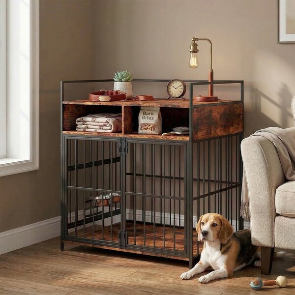 PawHut Dog Crate Furniture, Dog Cage with Rotatable Feeding Station and Storage Shelves, End Side Table Indoor Pet Kenne