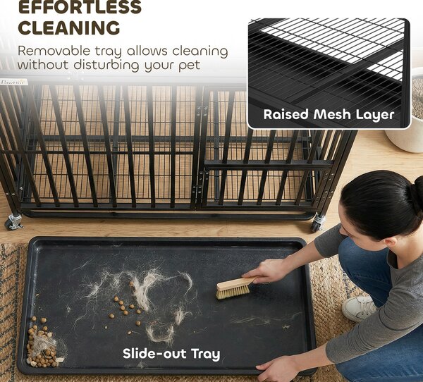 PawHut Heavy Duty Dog Crate, Dog Cage with Wheels for Medium Large Breeds, Metal Pet Kennel with Removable Tray