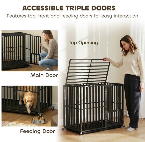 PawHut Heavy Duty Dog Crate, Dog Cage with Wheels for Medium Large Breeds, Metal Pet Kennel with Removable Tray