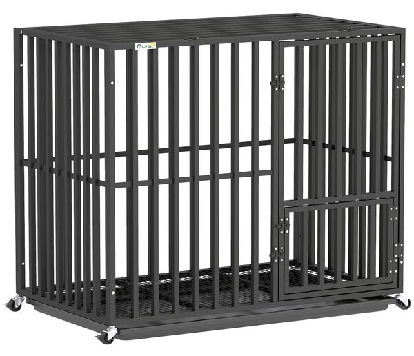 PawHut Heavy Duty Dog Crate, Dog Cage with Wheels for Medium Large Breeds, Metal Pet Kennel with Removable Tray