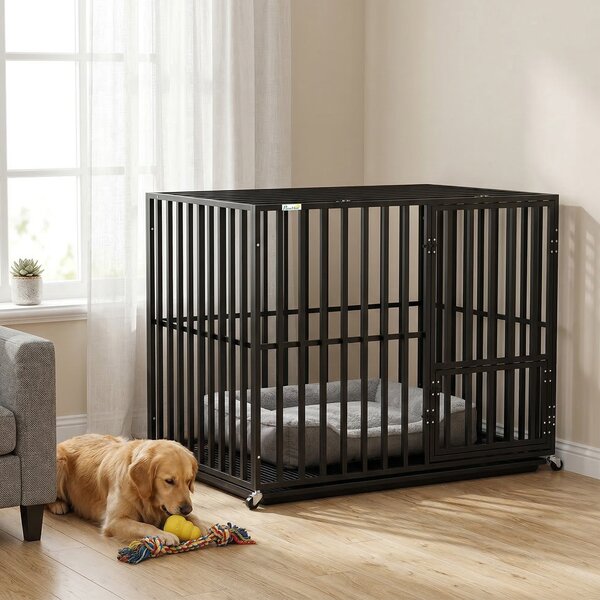 PawHut Heavy Duty Dog Crate, Dog Cage with Wheels for Extra Large Breeds, Metal Pet Kennel with Removable Tray