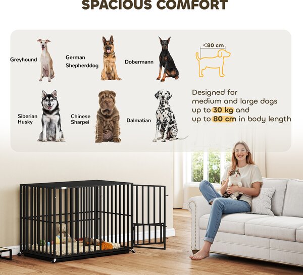 PawHut Heavy Duty Dog Crate, Dog Cage with Wheels for Extra Large Breeds, Metal Pet Kennel with Removable Tray