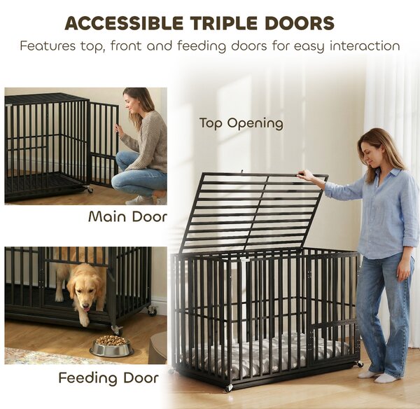 PawHut Heavy Duty Dog Crate, Dog Cage with Wheels for Extra Large Breeds, Metal Pet Kennel with Removable Tray