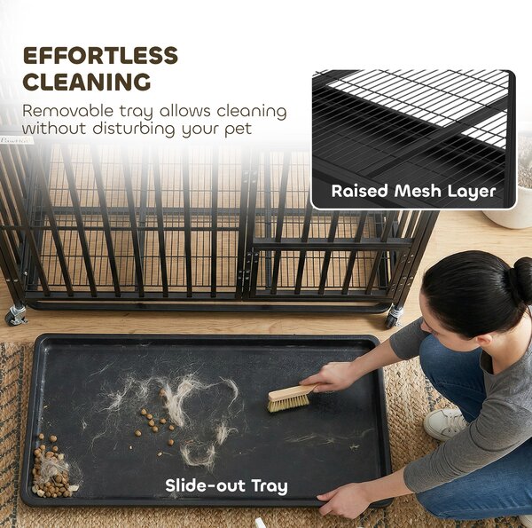 PawHut Heavy Duty Dog Crate, Dog Cage with Wheels for Extra Large Breeds, Metal Pet Kennel with Removable Tray