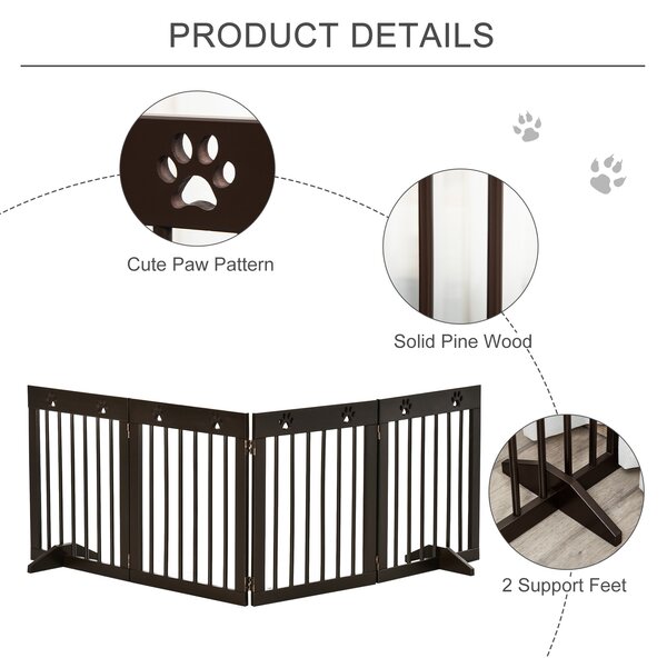 PawHut Freestanding Pet Gate 4 Panel Wooden Dog Barrier Folding Safety Fence with Support Feet up to 204cm Long 61cm Tall for Doorway Stairs Brown