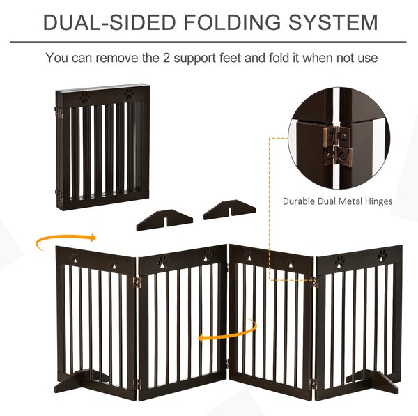 PawHut Freestanding Pet Gate 4 Panel Wooden Dog Barrier Folding Safety Fence with Support Feet up to 204cm Long 61cm Tall for Doorway Stairs Brown