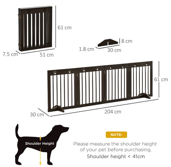PawHut Freestanding Pet Gate 4 Panel Wooden Dog Barrier Folding Safety Fence with Support Feet up to 204cm Long 61cm Tall for Doorway Stairs Brown