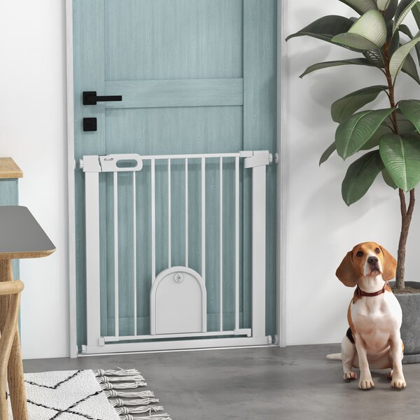 PawHut 75-82cm Pet Safety Gate with Double Locking, Pressure Fit Stair with Cat Flat for Doorways, Hallways, White Aosom UK