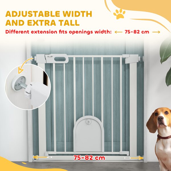 PawHut 75-82cm Pet Safety Gate with Double Locking, Pressure Fit Stair with Cat Flat for Doorways, Hallways, White Aosom UK