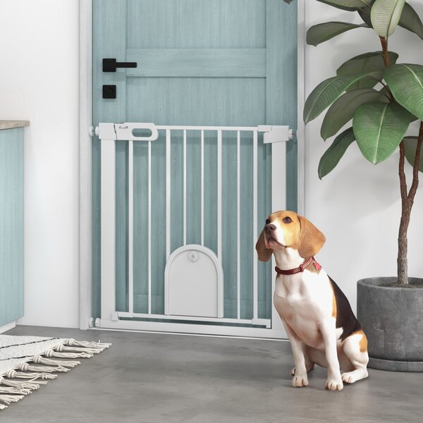 PawHut 75-82cm Pet Safety Gate with Double Locking, Pressure Fit Stair with Cat Flat for Doorways, Hallways, White Aosom UK