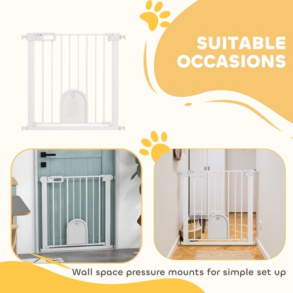 PawHut 75-82cm Pet Safety Gate with Double Locking, Pressure Fit Stair with Cat Flat for Doorways, Hallways, White Aosom UK