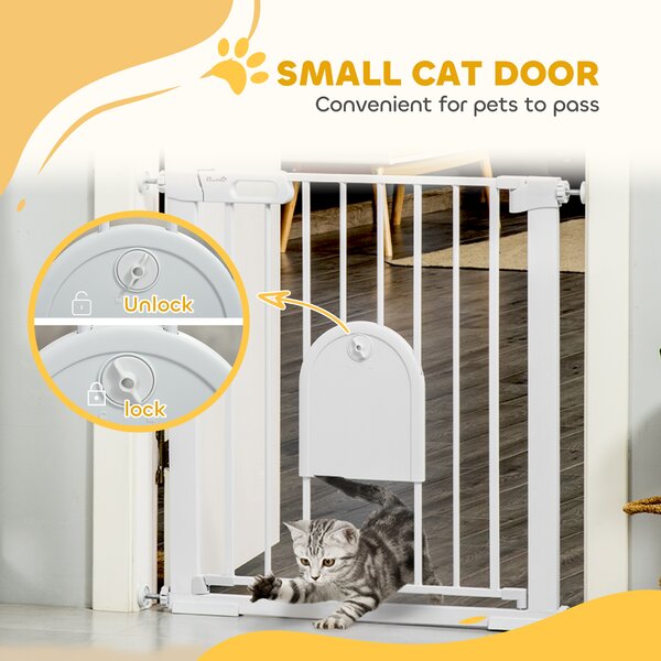 PawHut 75-82cm Pet Safety Gate with Double Locking, Pressure Fit Stair with Cat Flat for Doorways, Hallways, White Aosom UK