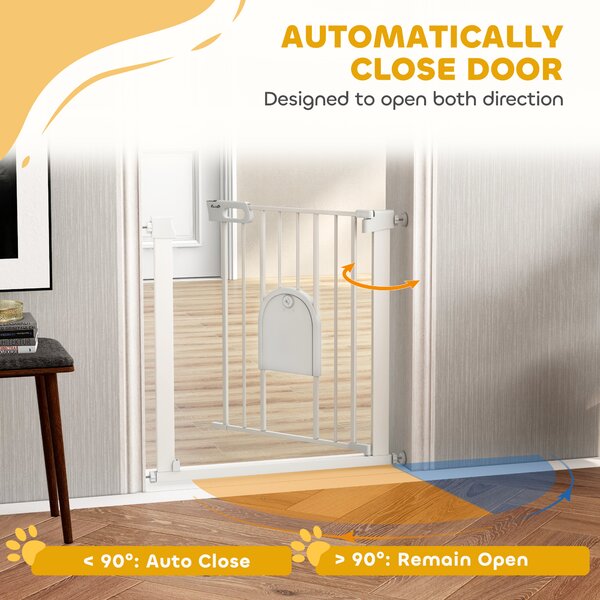 PawHut 75-82cm Pet Safety Gate with Double Locking, Pressure Fit Stair with Cat Flat for Doorways, Hallways, White Aosom UK