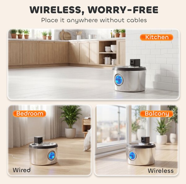 PawHut Wireless Cat Water Fountain for Drinking Stainless Steel, 4L/135oz Battery Operated Cat Fountain Cordless, 6 Filters