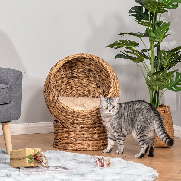 PawHut Wicker Cat Bed, Raised Rattan Cat Basket with Cylindrical Base, Soft Washable Cushion, Brown, 42 x 33 x 52 cm Aosom UK