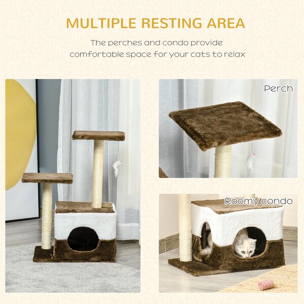 PawHut Cat Scratching Post Cat Tree with Condo Perch Interactive Mouse Toy, 45 x 33 x 70 cm, Brown Aosom UK