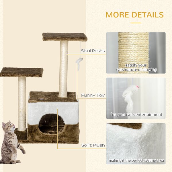PawHut Cat Scratching Post Cat Tree with Condo Perch Interactive Mouse Toy, 45 x 33 x 70 cm, Brown Aosom UK
