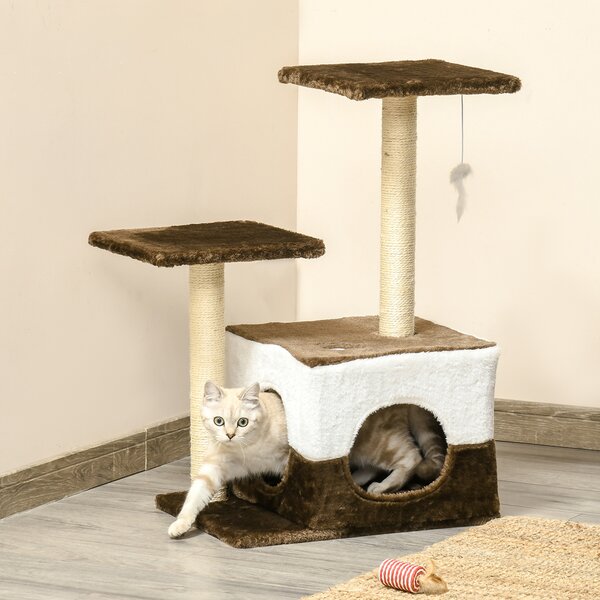 PawHut Cat Scratching Post Cat Tree with Condo Perch Interactive Mouse Toy, 45 x 33 x 70 cm, Brown Aosom UK