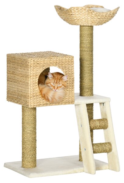 PawHut Cat Tree for Indoor Cats Kitten Tower Cattail Weave with Scratching Posts, Cat House, Bed， Washable Cushions Natural, 57 x 37 x 100.5 cm