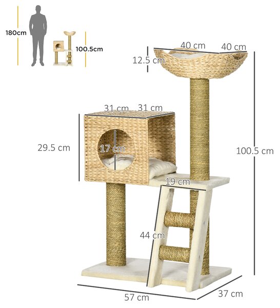 PawHut Cat Tree for Indoor Cats Kitten Tower Cattail Weave with Scratching Posts, Cat House, Bed， Washable Cushions Natural, 57 x 37 x 100.5 cm